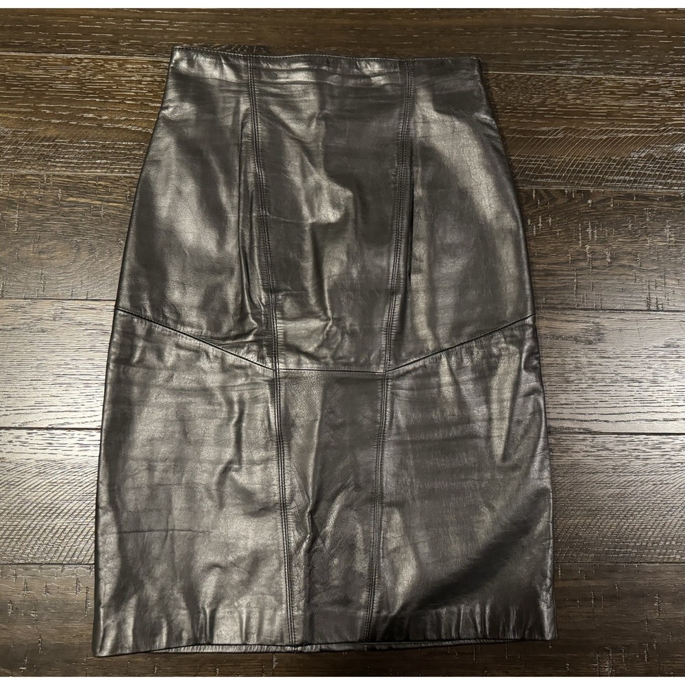 Vintage Pelle Cuir Women's Size 8 Black Leather High Waist Skirt Knee Length